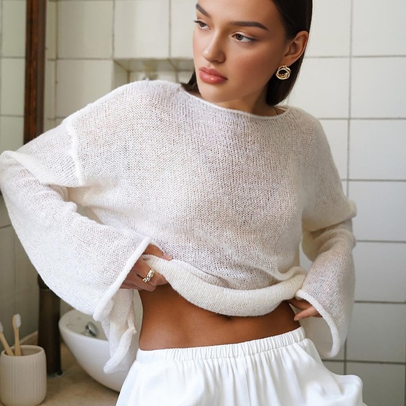 Mikuta White Sheer Mohair Knit Sweater - Oversized Boat Neck